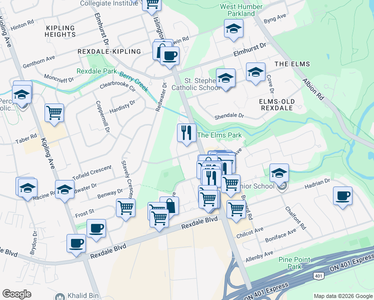 map of restaurants, bars, coffee shops, grocery stores, and more near in Toronto