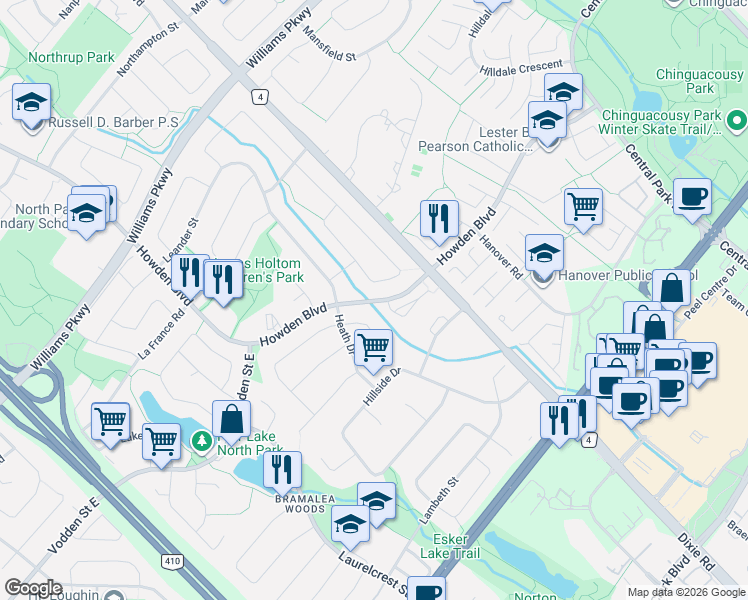 map of restaurants, bars, coffee shops, grocery stores, and more near Howden Boulevard in Brampton