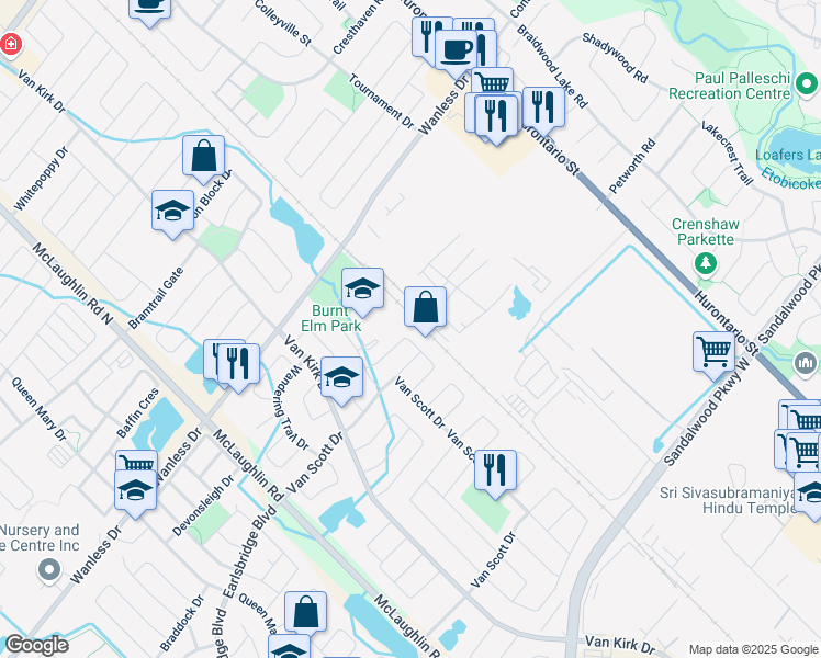 map of restaurants, bars, coffee shops, grocery stores, and more near in Brampton