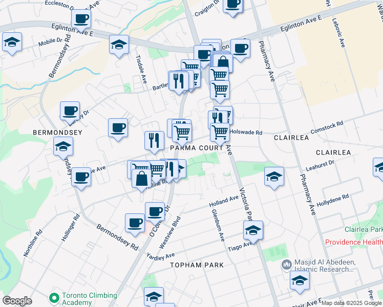 map of restaurants, bars, coffee shops, grocery stores, and more near 45 Sunrise Avenue in Toronto