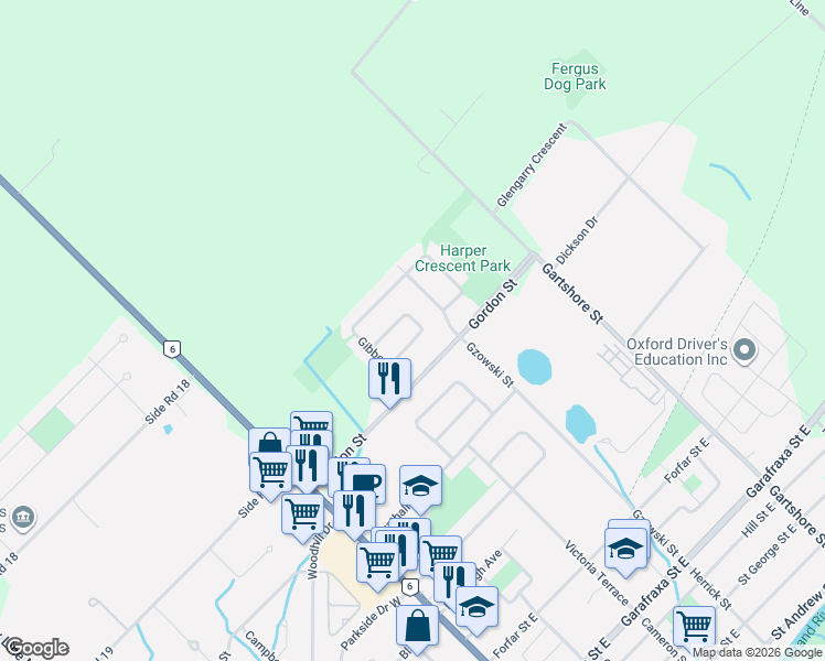 map of restaurants, bars, coffee shops, grocery stores, and more near 28 Peglar Crescent in Centre Wellington