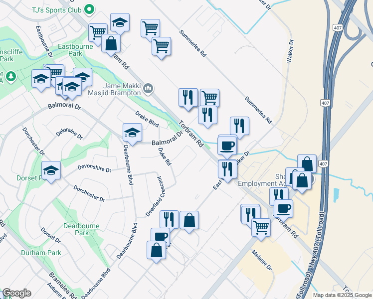 map of restaurants, bars, coffee shops, grocery stores, and more near 31 Drury Crescent in Brampton
