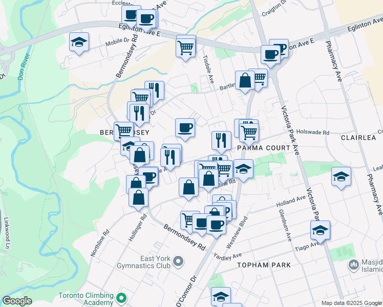 map of restaurants, bars, coffee shops, grocery stores, and more near 100 Sunrise Avenue in Toronto