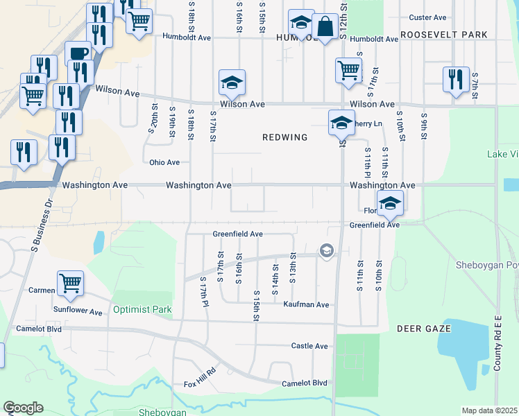 map of restaurants, bars, coffee shops, grocery stores, and more near 3415 South 15th Street in Sheboygan
