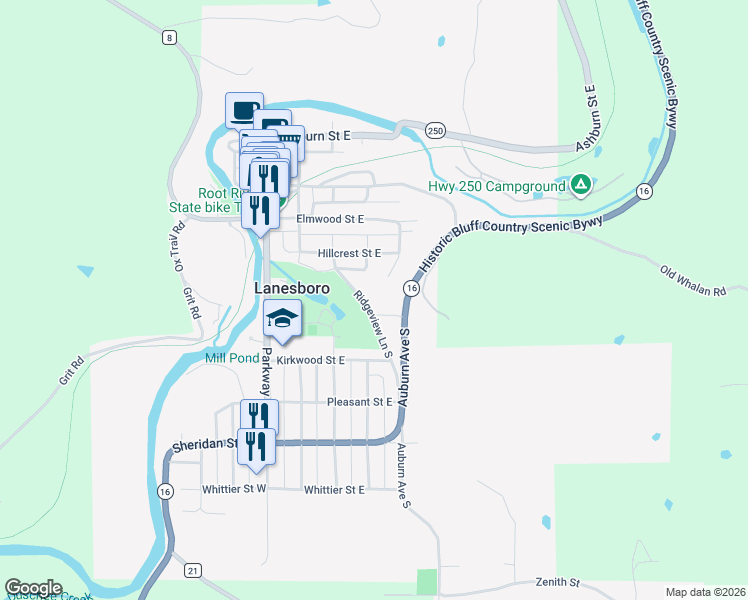 map of restaurants, bars, coffee shops, grocery stores, and more near 407 Johnson Drive in Lanesboro