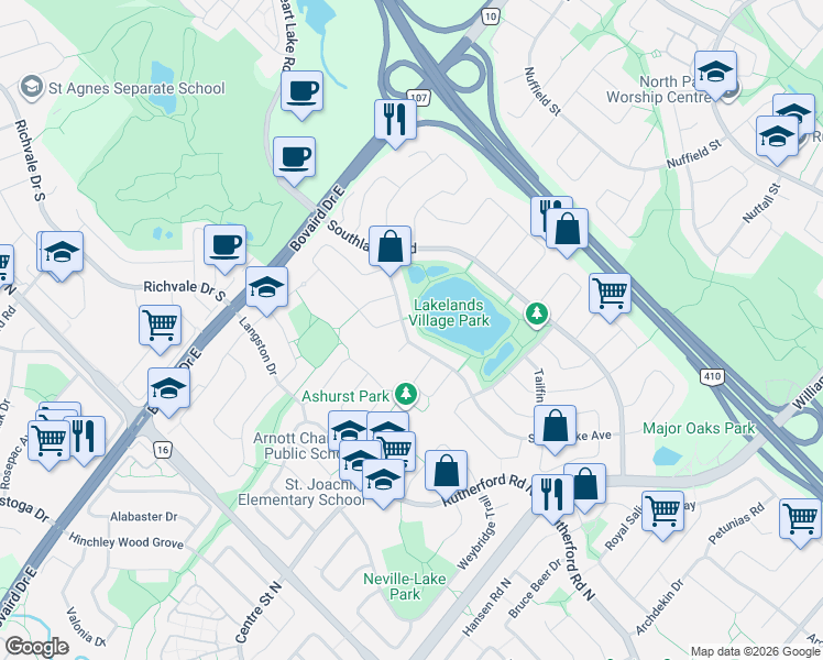 map of restaurants, bars, coffee shops, grocery stores, and more near 39 Stoneylake Avenue in Brampton