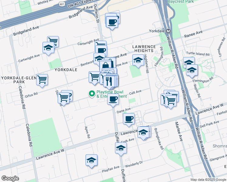 map of restaurants, bars, coffee shops, grocery stores, and more near 3199 Dufferin Street in Toronto