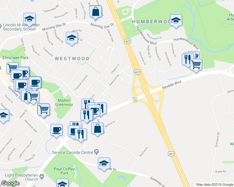 map of restaurants, bars, coffee shops, grocery stores, and more near 7075 Rexwood Road in Mississauga