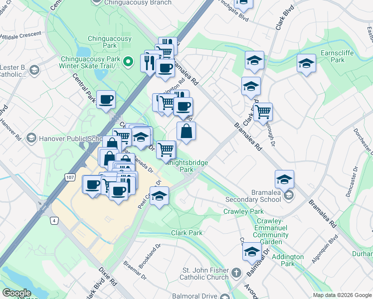 map of restaurants, bars, coffee shops, grocery stores, and more near 3 Knightsbridge Road in Brampton