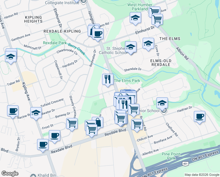 map of restaurants, bars, coffee shops, grocery stores, and more near 45 Leduc Drive in Toronto