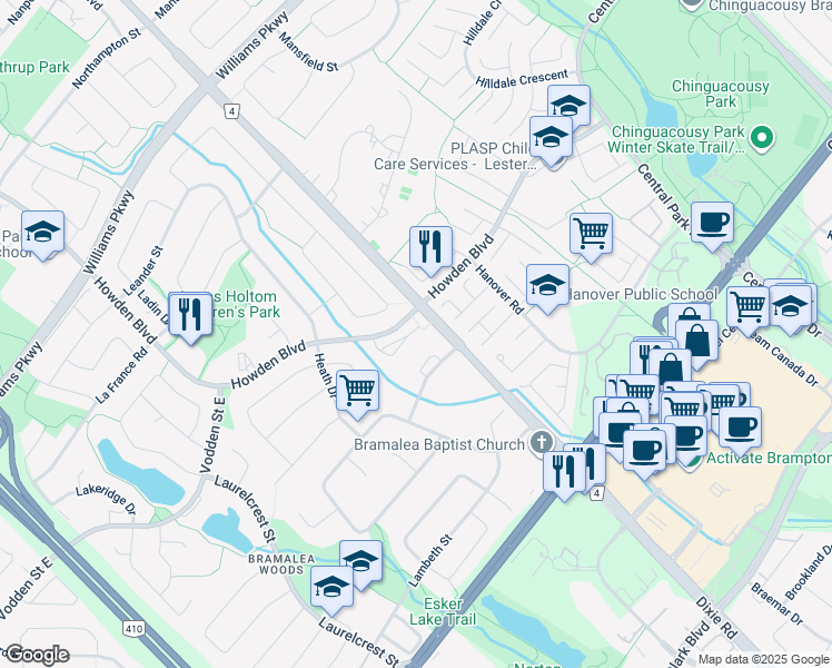 map of restaurants, bars, coffee shops, grocery stores, and more near 180 Howden Boulevard in Brampton