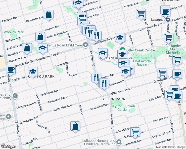 map of restaurants, bars, coffee shops, grocery stores, and more near in Toronto