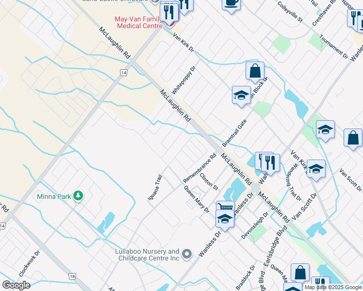 map of restaurants, bars, coffee shops, grocery stores, and more near 27 Dolobram Trail in Brampton