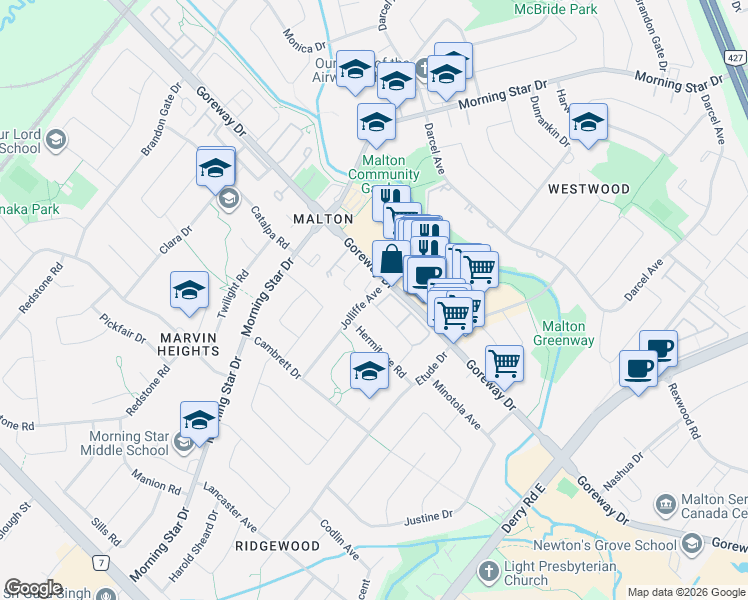 map of restaurants, bars, coffee shops, grocery stores, and more near 7255 Dooley Drive in Mississauga