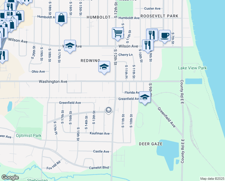map of restaurants, bars, coffee shops, grocery stores, and more near 3432 South 12th Street in Sheboygan