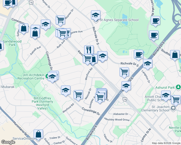 map of restaurants, bars, coffee shops, grocery stores, and more near 220 Wexford Road in Brampton