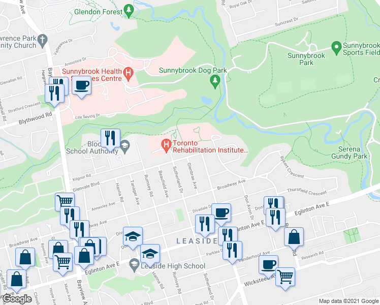 map of restaurants, bars, coffee shops, grocery stores, and more near 166 Glenvale Boulevard in Toronto