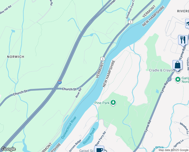 map of restaurants, bars, coffee shops, grocery stores, and more near 48 U.S. 5 in Norwich
