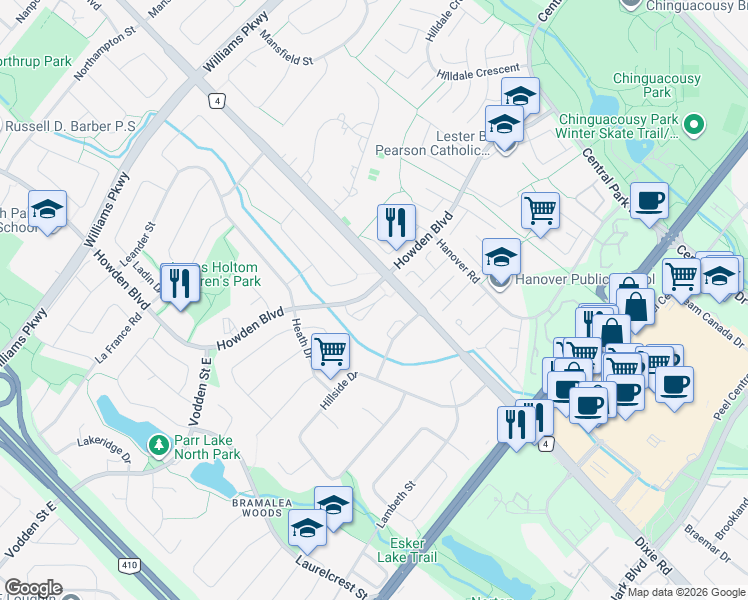 map of restaurants, bars, coffee shops, grocery stores, and more near 180 Howden Boulevard in Brampton