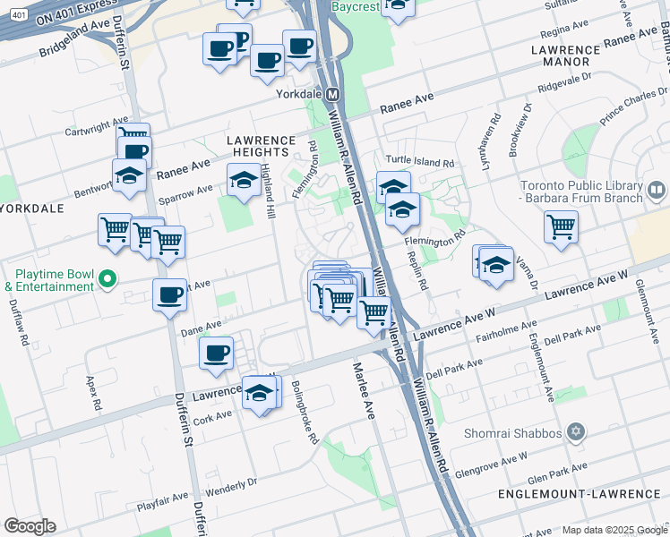 map of restaurants, bars, coffee shops, grocery stores, and more near 11 Flemington Road in Toronto