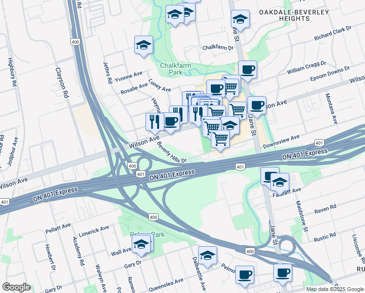 map of restaurants, bars, coffee shops, grocery stores, and more near 1677 Wilson Avenue in Toronto