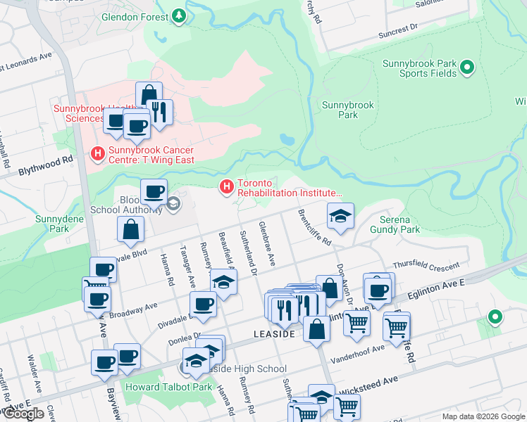 map of restaurants, bars, coffee shops, grocery stores, and more near 166 Glenvale Boulevard in Toronto