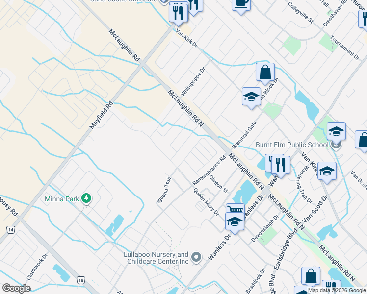 map of restaurants, bars, coffee shops, grocery stores, and more near 28 Dolobram Trail in Brampton