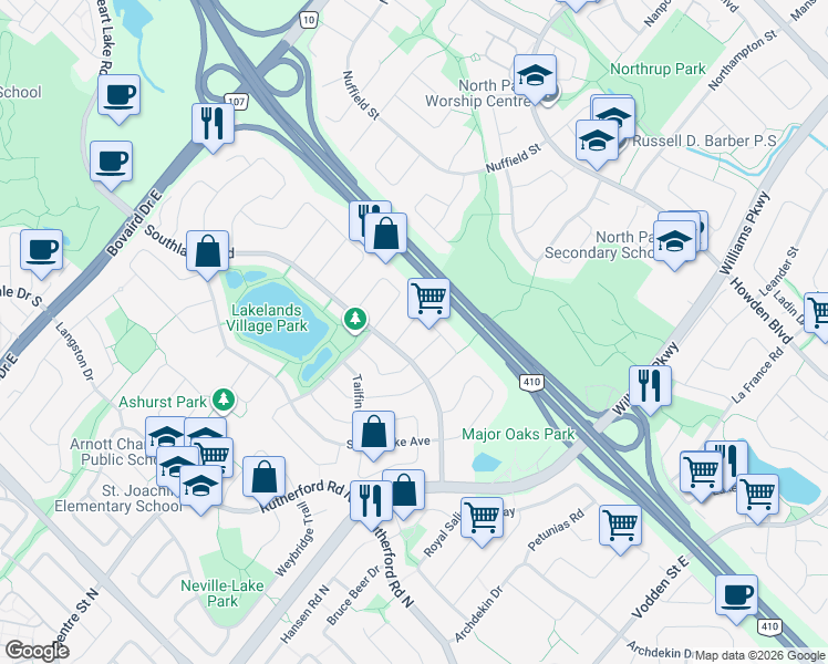map of restaurants, bars, coffee shops, grocery stores, and more near 13 Rocky Point Crescent in Brampton