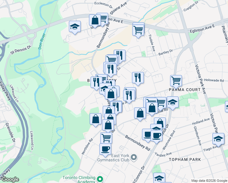 map of restaurants, bars, coffee shops, grocery stores, and more near 125 Bermondsey Road in Toronto