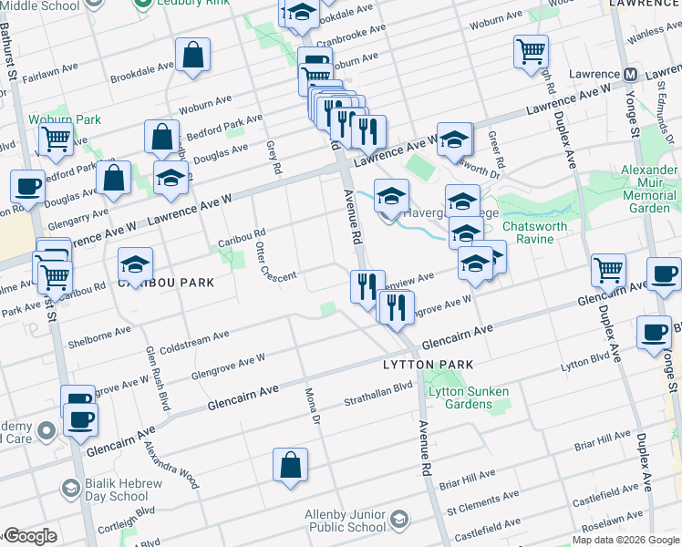 map of restaurants, bars, coffee shops, grocery stores, and more near 17 Otter Crescent in Toronto