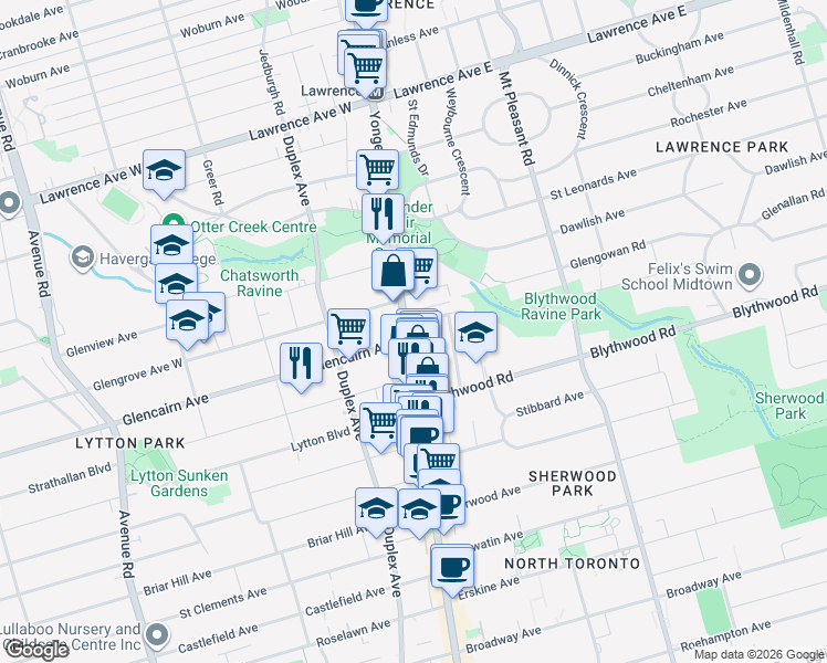 map of restaurants, bars, coffee shops, grocery stores, and more near 2781 Yonge Street in Toronto