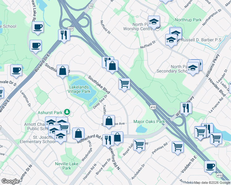 map of restaurants, bars, coffee shops, grocery stores, and more near 12 Rocky Point Crescent in Brampton