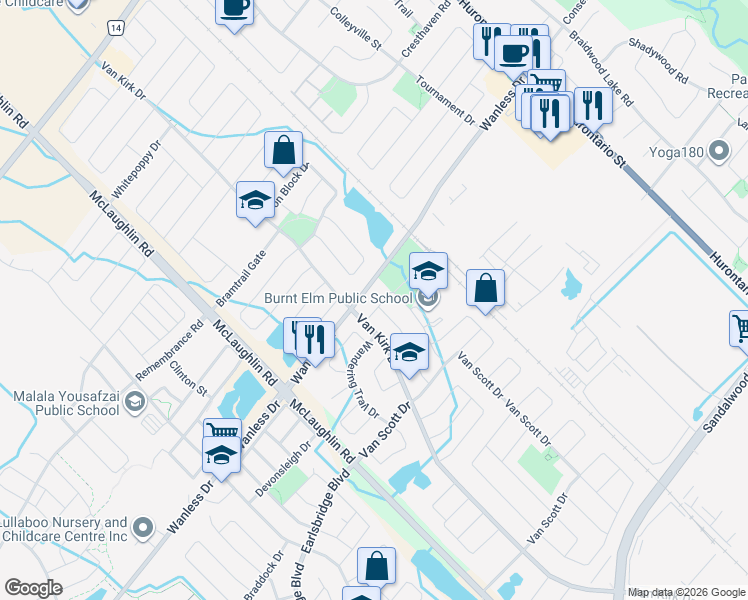 map of restaurants, bars, coffee shops, grocery stores, and more near 17 Burnt Elm Drive in Brampton