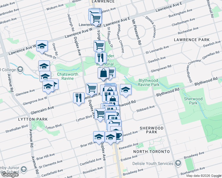map of restaurants, bars, coffee shops, grocery stores, and more near 3 Strathgowan Avenue in Toronto