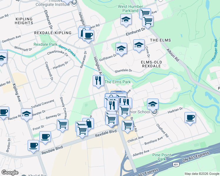 map of restaurants, bars, coffee shops, grocery stores, and more near 12 Auburndale Court in Toronto