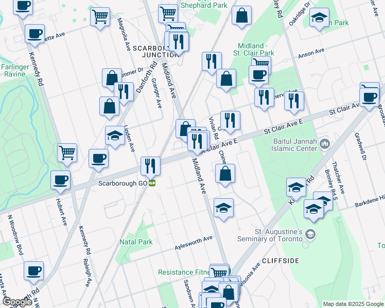 map of restaurants, bars, coffee shops, grocery stores, and more near Midland Avenue & Saint Clair Avenue East in Toronto