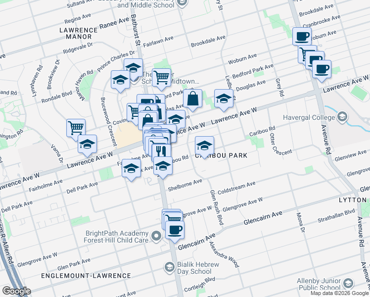 map of restaurants, bars, coffee shops, grocery stores, and more near 92 Glen Rush Boulevard in Toronto