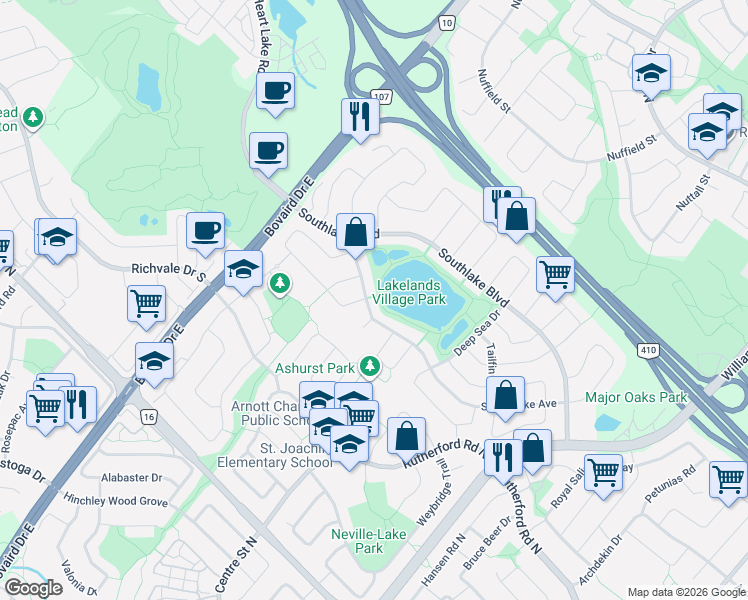 map of restaurants, bars, coffee shops, grocery stores, and more near 31 Stoneylake Avenue in Brampton