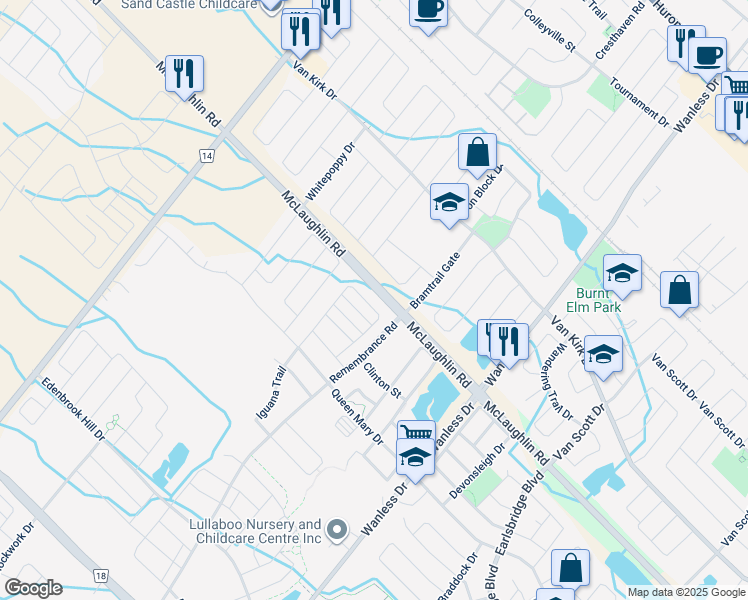 map of restaurants, bars, coffee shops, grocery stores, and more near 11200 McLaughlin Road in Brampton