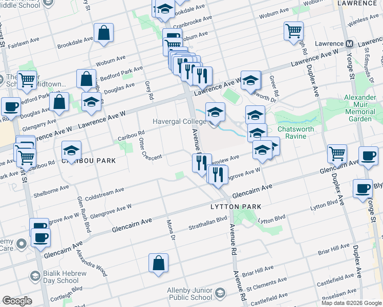 map of restaurants, bars, coffee shops, grocery stores, and more near 12 Otter Crescent in Toronto