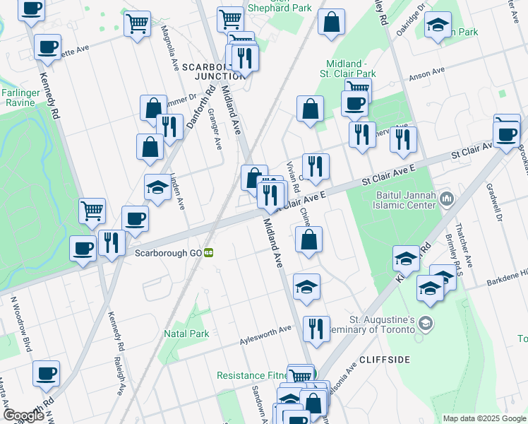 map of restaurants, bars, coffee shops, grocery stores, and more near 569 Midland Avenue in Toronto