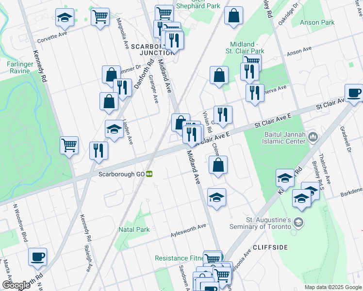 map of restaurants, bars, coffee shops, grocery stores, and more near 3650 Saint Clair Avenue East in Toronto