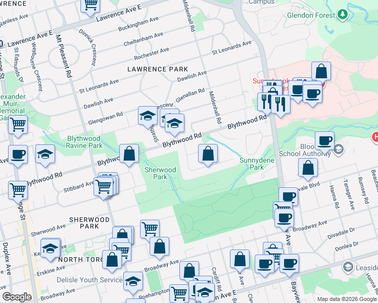 map of restaurants, bars, coffee shops, grocery stores, and more near 4 Blanchard Road in Toronto