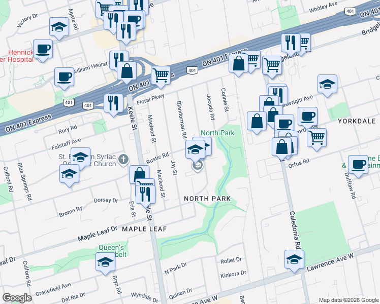 map of restaurants, bars, coffee shops, grocery stores, and more near 549 Rustic Road in Toronto