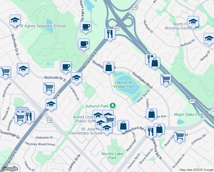 map of restaurants, bars, coffee shops, grocery stores, and more near 77 Showboat Crescent in Brampton