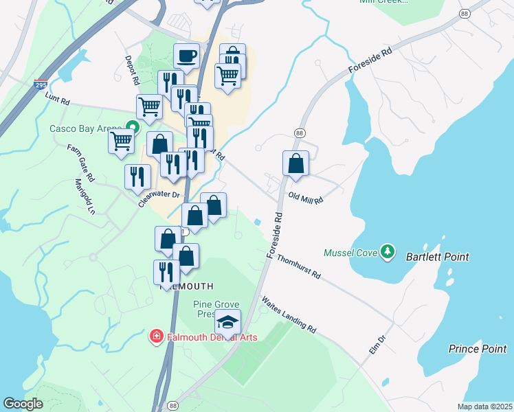 map of restaurants, bars, coffee shops, grocery stores, and more near 6 Depot Road in Falmouth