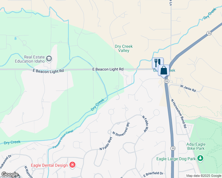 map of restaurants, bars, coffee shops, grocery stores, and more near 2415 East Beacon Light Road in Eagle