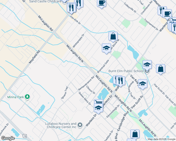 map of restaurants, bars, coffee shops, grocery stores, and more near 11200 McLaughlin Road in Brampton