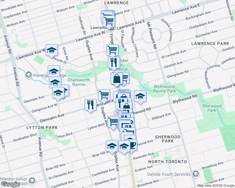 map of restaurants, bars, coffee shops, grocery stores, and more near 2770 Yonge Street in Toronto