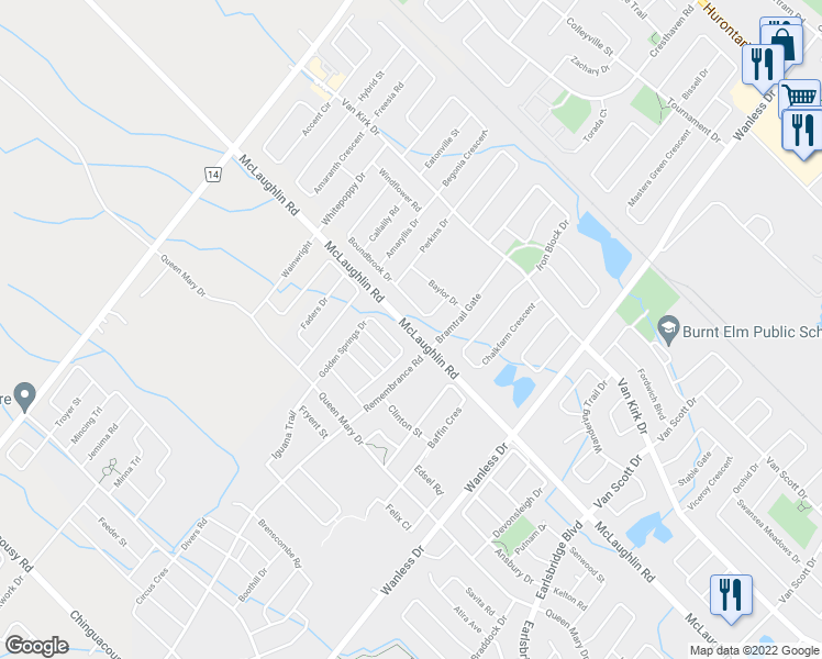map of restaurants, bars, coffee shops, grocery stores, and more near 11200 McLaughlin Road in Brampton